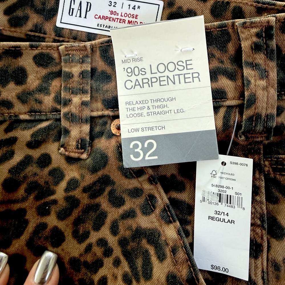 Gap Leopard Print Carpenter Jeans Size 32/14 NWT Wide Leg Animal Print Jeans